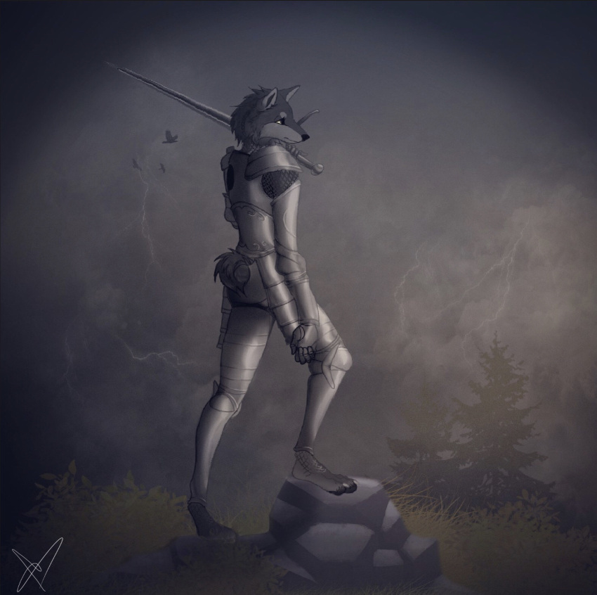 anthro armor canid canine canis crowsfire digital_media_(artwork) female hi_res mammal medieval medieval_armor pose storm wolf wolfie_(crowsfire)