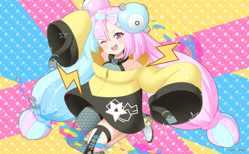 1girl ;d bare_shoulders blue_hair blush bow-shaped_hair character_hair_ornament commentary_request grey_footwear grey_shirt grey_thighhighs hair_ornament high_heels highres honeycomb_(pattern) iono_(pokemon) jacket lightning_bolt_symbol long_hair long_sleeves looking_at_viewer mitya multicolored_hair one_eye_closed pink_hair pokemon pokemon_(game) pokemon_sv purple_eyes sharp_teeth shirt shoes single_thighhigh sleeves_past_fingers sleeves_past_wrists smile solo starry_background teeth thighhighs twitter_username two-tone_hair very_long_hair yellow_jacket