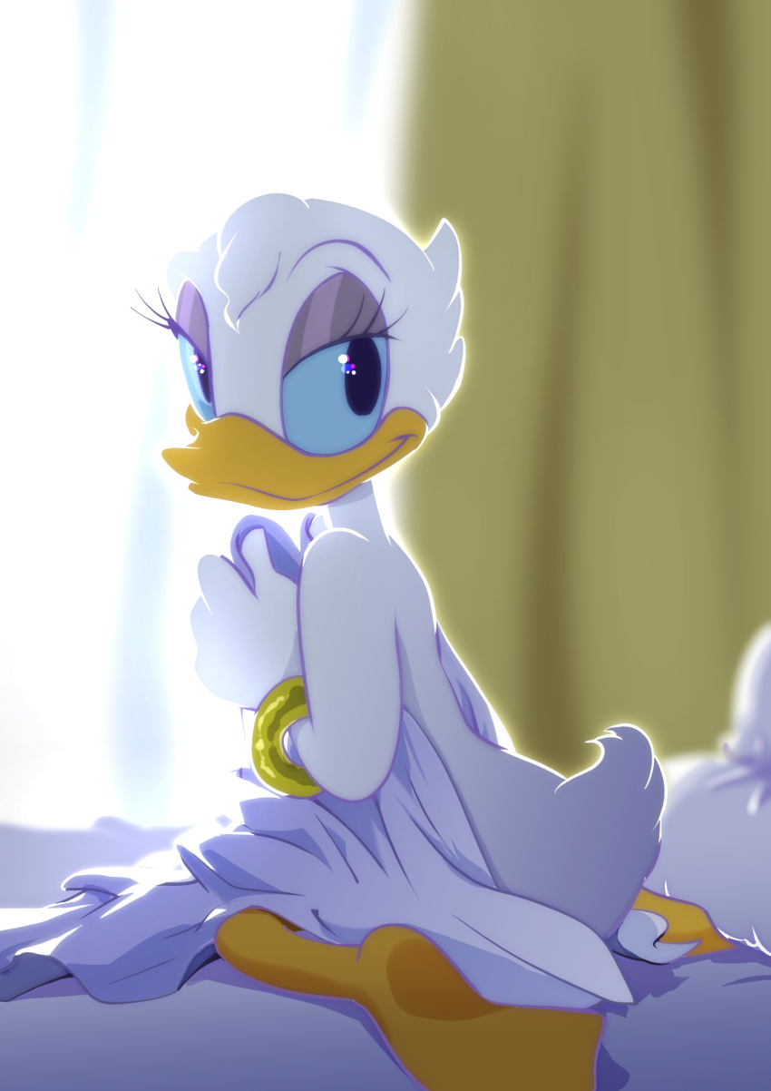 2022 anatid anseriform anthro arumajiro avian bed bed_sheet bedding bird daisy_duck disney duck eyelashes feathers female furniture hi_res kneeling looking_back nude on_bed pinup pose rear_view smile solo tasteful_nudity white_body white_feathers