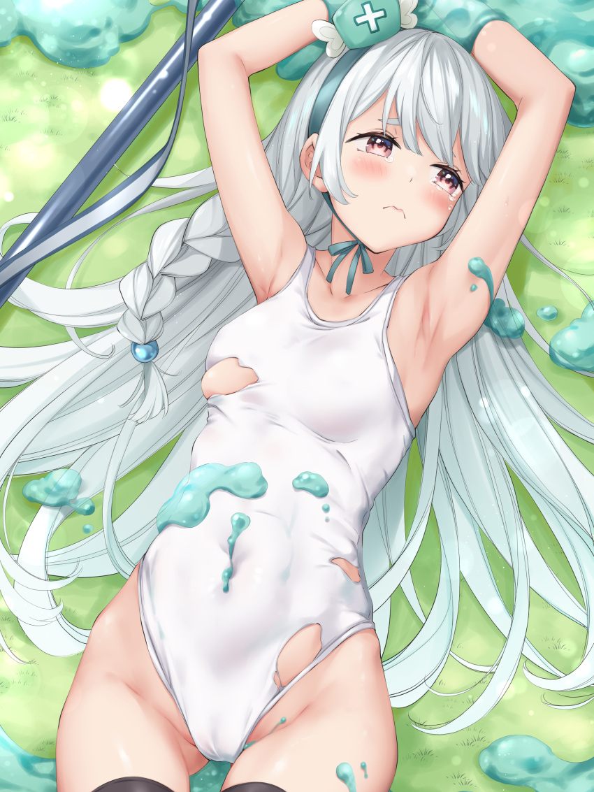 1girl absurdres armpits bangs braid breasts brown_eyes cameltoe covered_navel covered_nipples crying frown futoku_no_guild green_headband green_headwear grey_hair hat headband highres long_hair looking_away lying maidena_angers mitre on_back on_grass one-piece_swimsuit single_braid slime_(substance) small_breasts swimsuit tears torn_clothes torn_swimsuit very_long_hair white_one-piece_swimsuit wing_(aiastor)