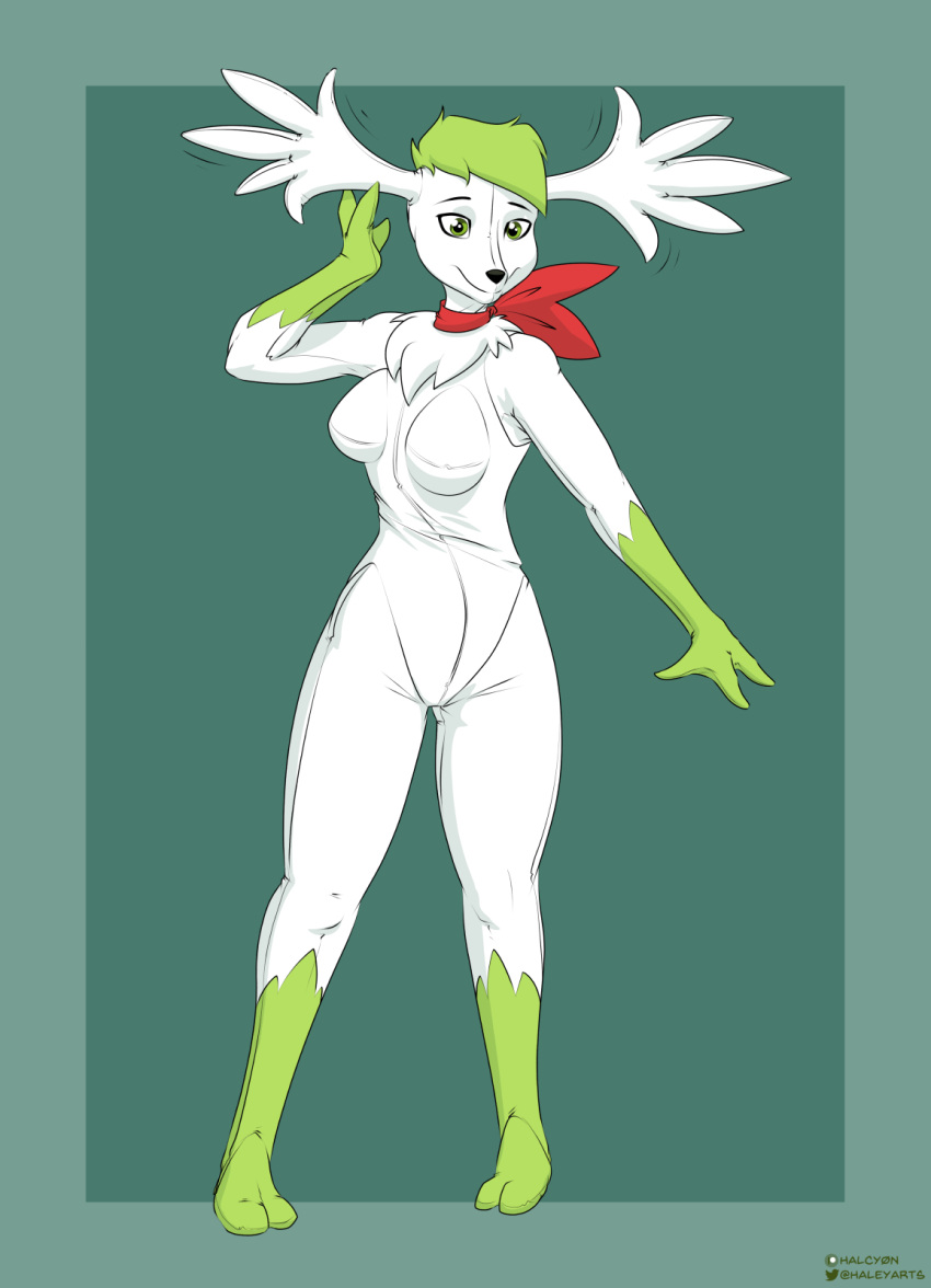 2022 breasts clothing costume digital_media_(artwork) female fursuit generation_4_pokemon green_background green_eyes green_hair hair halcy0n hi_res humanoid legendary_pokemon neckerchief nintendo not_furry pokemon pokemon_(species) shaymin simple_background smile solo standing video_games white_body zipper