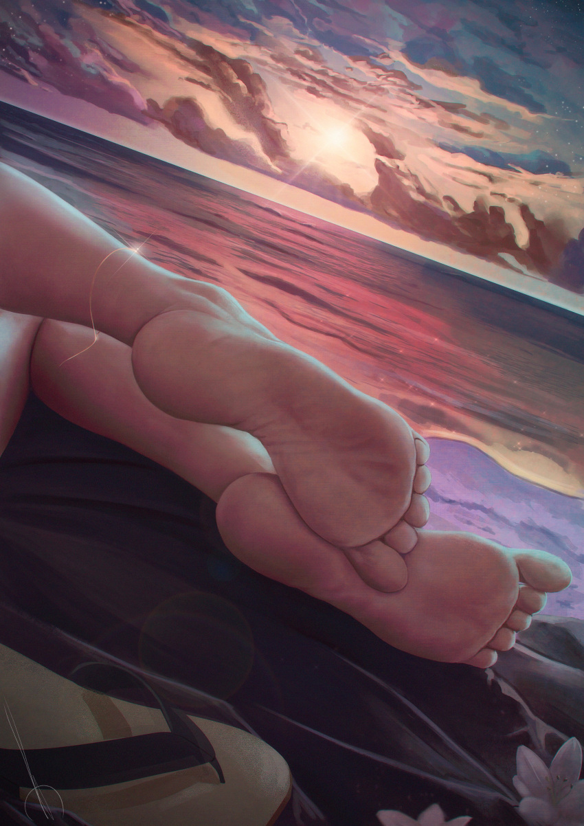 1girl absurdres artist_name bare_legs barefoot beach camille_waifu chain cloud cloudy_sky feet flower foot_focus foreshortening gradient gradient_background highres jewelry legs lying no_shoes ocean sandals shiny shoe_soles signature sky soles solo sunlight twitter_username water