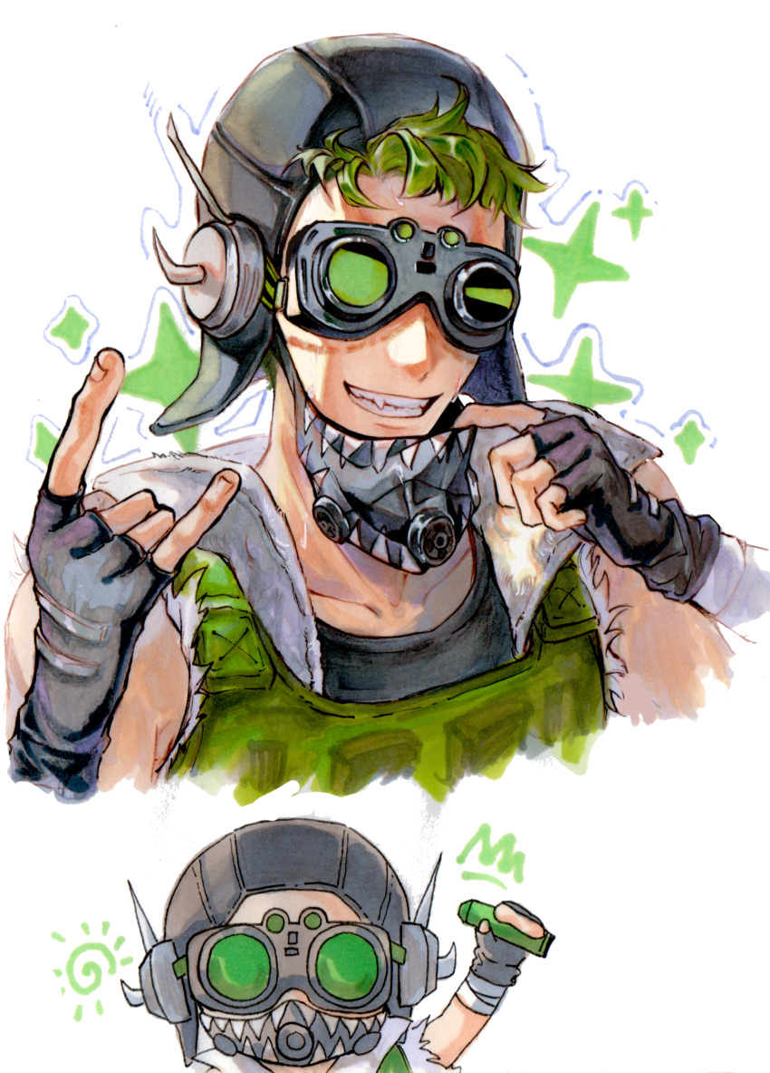 1boy \n/ apex_legends black_gloves black_headwear black_shirt chibi chibi_inset chinese_commentary collarbone fang fingerless_gloves gloves goggles green_hair green_vest highres holding hongpixishi looking_at_viewer male_focus multiple_views octane_(apex_legends) portrait shirt smile sparkle traditional_media vest white_background