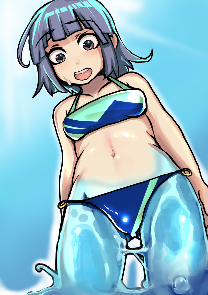 2022 bikini bikini_bottom bikini_top breasts clothing day female goo_creature goo_humanoid goo_transformation hair hi_res human human_to_humanoid humanoid mammal navel not_furry open_mouth outside solo species_transformation surprise swimwear toribako transformation water