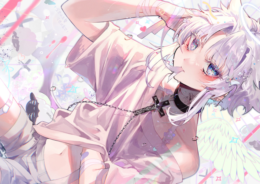 1boy angel angel_wings artist_name bandaged_hand bandages bandaid bangs black_collar blue_eyes butterfly_hair_ornament chain collar collarbone colored_eyelashes commentary cross dutch_angle ear_piercing earrings eita_789 flower fumi_(eita_789) glint grey_shorts hair_flower hair_ornament halo hand_in_own_hair hand_up heart highres jewelry latin_cross looking_at_viewer male_focus mouth_hold multicolored_eyes navel neck_tattoo off_shoulder original otoko_no_ko oversized_clothes parted_bangs piercing pink_shirt scratching_stomach sheep shiny shiny_hair shirt short_sleeves shorts sidelocks single_bare_shoulder tattoo translation_request water_drop wet wet_hair white_flower white_hair wide_sleeves wings