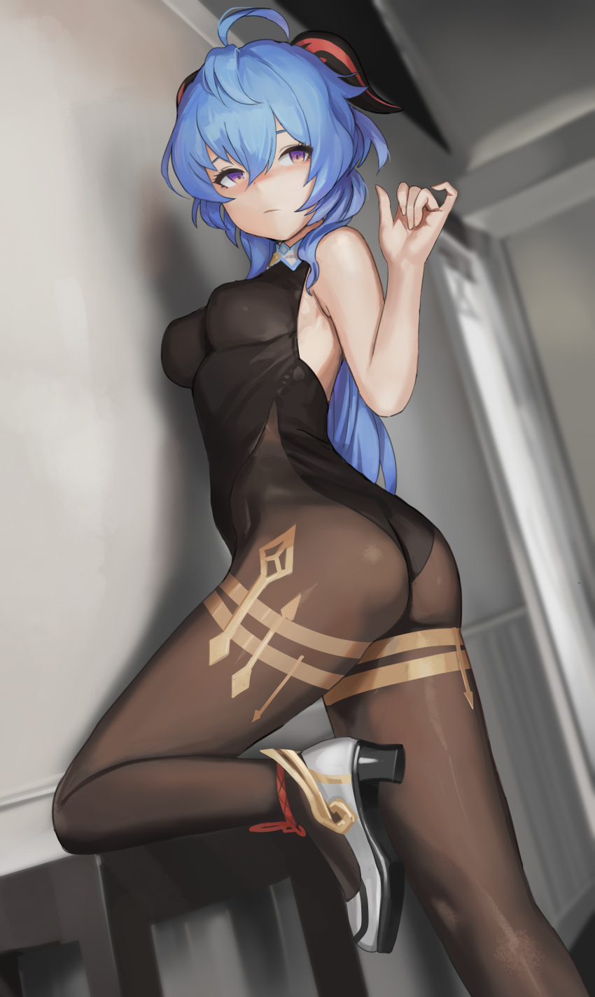 1girl absurdres ahoge ass bangs bare_arms black_leotard blue_hair blurry blurry_background blush bodystocking bodysuit breasts brown_bodysuit brown_pantyhose closed_mouth detached_collar dolri dutch_angle foot_out_of_frame ganyu_(genshin_impact) genshin_impact goat_horns hair_between_eyes hand_up high_heels highres horns indoors leotard looking_at_viewer medium_breasts no_detached_sleeves one_knee pantyhose ponytail purple_eyes sidelocks solo standing thighs white_footwear