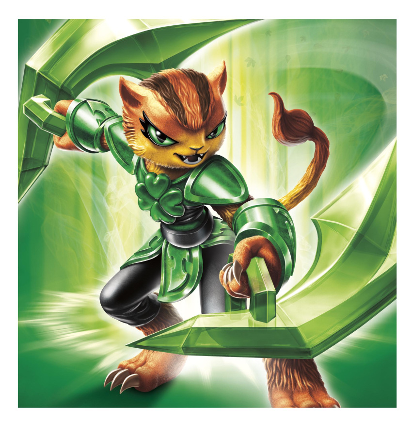 2014 3_toes action_pose activision anthro border claws fangs feet felid female fur green_eyes hi_res holding_object holding_weapon looking_at_viewer mammal official_art orange_body orange_fur pantherine pose skylanders skylanders_trap_team solo toe_claws toes tuff_luck unknown_artist video_games weapon white_border