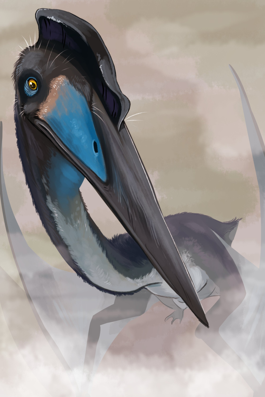 2:3 absurd_res ambiguous_gender beak black_beak black_body blue_body dinosaur feral glistening glistening_eyes grey_body grey_wings hi_res imperatorcaesar membrane_(anatomy) membranous_wings mouth_closed reptile scalie simple_background solo species_request unsigned wings