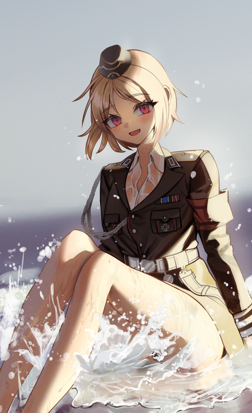 1girl absurdres black_panties blonde_hair blush breasts commission cross garrison_cap girls'_frontline hat highres iron_cross long_sleeves looking_at_viewer military military_hat military_uniform mp40_(girls'_frontline) necktie non-web_source panties red_armband red_eyes shirt short_hair smile solo underwear uniform water wet xanax025