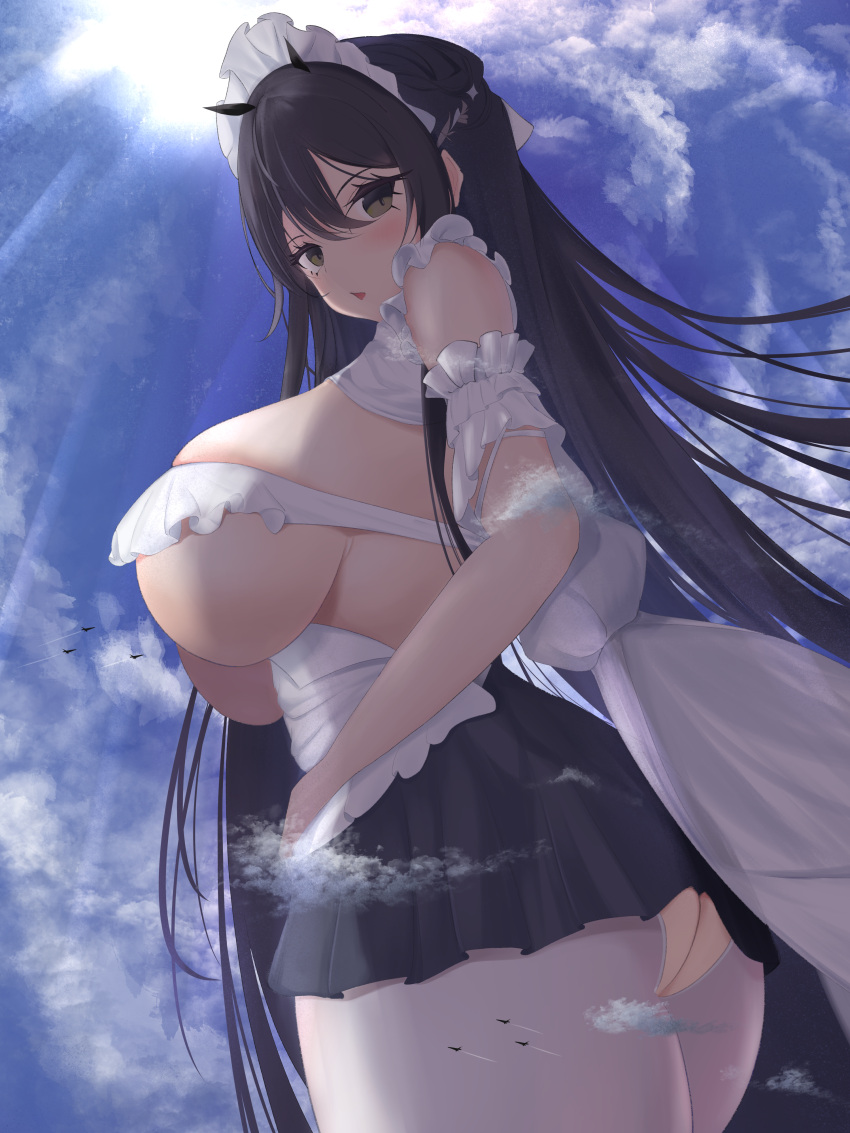 1girl absurdres aircraft airplane ass ass_cutout azur_lane black_hair black_skirt blue_sky breasts choker clothing_cutout cloud cloudy_sky cowboy_shot crotchless crotchless_pantyhose fighter_jet frilled_choker frills from_below from_side giant giantess green_eyes hair_between_eyes highres huge_breasts indomitable_(azur_lane) indomitable_(ms._motivationless_maid)_(azur_lane) jet long_hair maid maid_headdress migi_33 military military_vehicle miniskirt official_alternate_costume pantyhose pleated_skirt skirt sky solo standing underskirt very_long_hair white_pantyhose