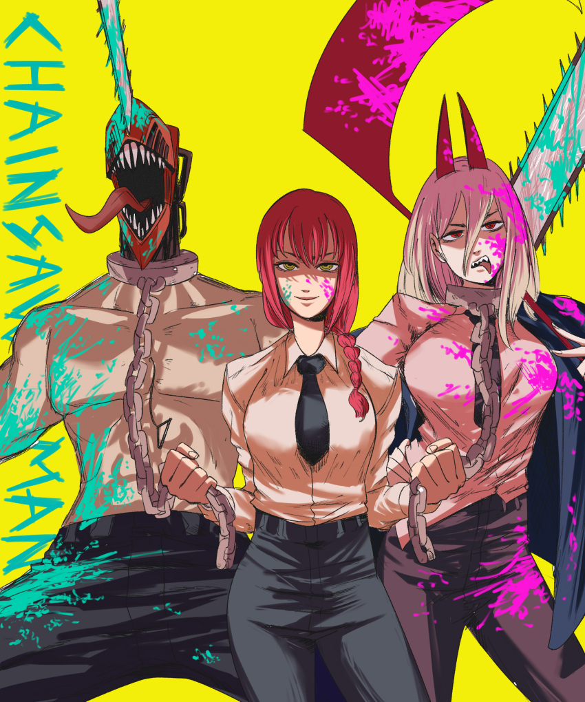 1boy 2girls absurdres black_necktie blood blood_on_clothes blood_on_face blue_jacket braid braided_ponytail breasts chain chain_leash chainsaw chainsaw_man collared_shirt denji_(chainsaw_man) faceless faceless_male hair_between_eyes highres holding holding_leash holding_scythe holding_weapon horns jacket large_breasts leash long_hair looking_at_viewer makima_(chainsaw_man) multiple_girls necktie open_mouth pink_hair power_(chainsaw_man) red_eyes red_hair red_horns scythe sharp_teeth shirt sidelocks simple_background smile stylized_blood teeth tina_fate tongue topless topless_male weapon white_shirt yellow_background yellow_eyes