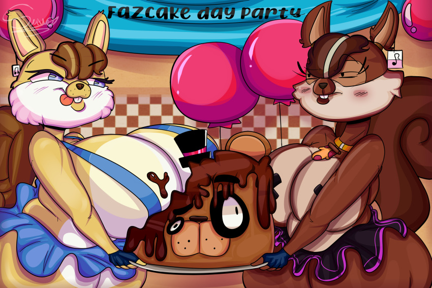 anthro balloon big_breasts big_butt bimbo_anthro birthday birthday_cake blue_eyes breasts butt cake clothing covered_breasts covering covering_breasts dessert digital_media_(artwork) duo ear_piercing ear_ring fazbear_fanverse female five_nights_at_freddy's food fur hair hat headgear headwear hi_res inflatable jewelry mammal necklace piercing pizza popgoes popgoes_arcade popgoes_evergreen ring_piercing rodent saffron_the_squirrel sara_the_squirrel sciurid scottgames small_clothing smile squirrel_tail suwo_director_(artist) suwodirector teeth text tongue video_games wall_(structure) yellow_body