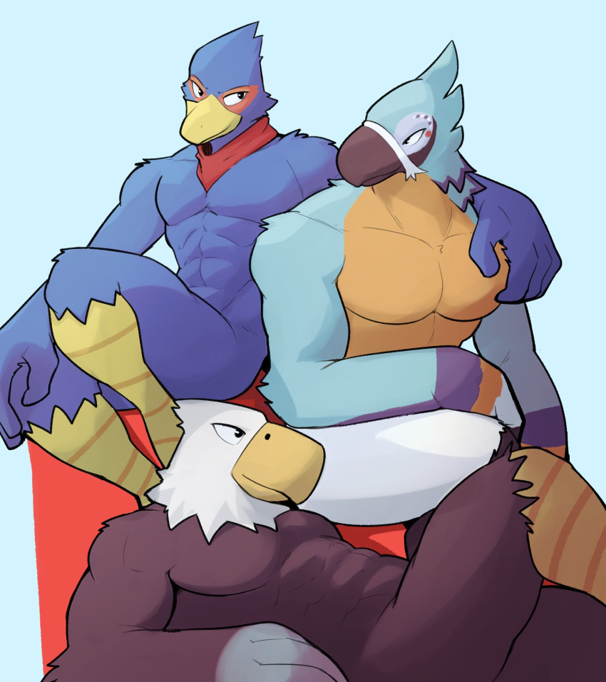 2022 abs accipitrid accipitriform animal_crossing anthro apollo_(animal_crossing) avian beak bird black_body blue_body blue_feathers breath_of_the_wild brown_body brown_feathers convenient_censorship crossover eagle falco_lombardi feathers group hi_res jrjresq kass_(tloz) male muscular muscular_anthro muscular_male nintendo nude pecs rito scarf simple_background smile star_fox the_legend_of_zelda trio video_games yellow_beak