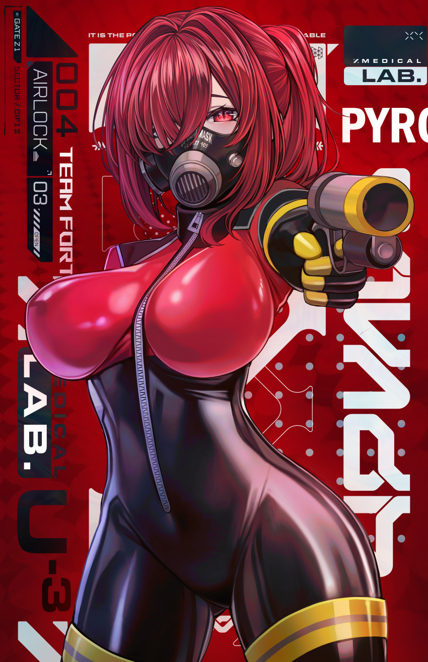 1girl absurdres bodysuit breasts english_text flare_gun gas_mask gun hair_over_one_eye highres holding holding_gun holding_weapon looking_at_viewer mask nekodayo22 ponytail pyro_(tf2) red_eyes red_hair solo team_fortress_2 weapon