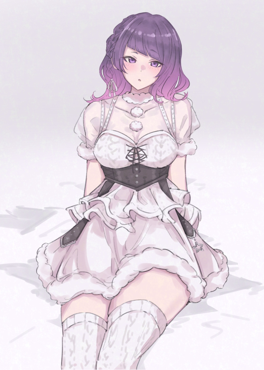 1girl 72megg absurdres braid breasts dress frills gradient highres idolmaster idolmaster_shiny_colors light_purple_hair looking_at_viewer medium_breasts medium_hair open_mouth puffy_short_sleeves puffy_sleeves purple_eyes purple_hair see-through see-through_sleeves short_sleeves sitting tanaka_mamimi thighhighs white_background white_dress white_thighhighs