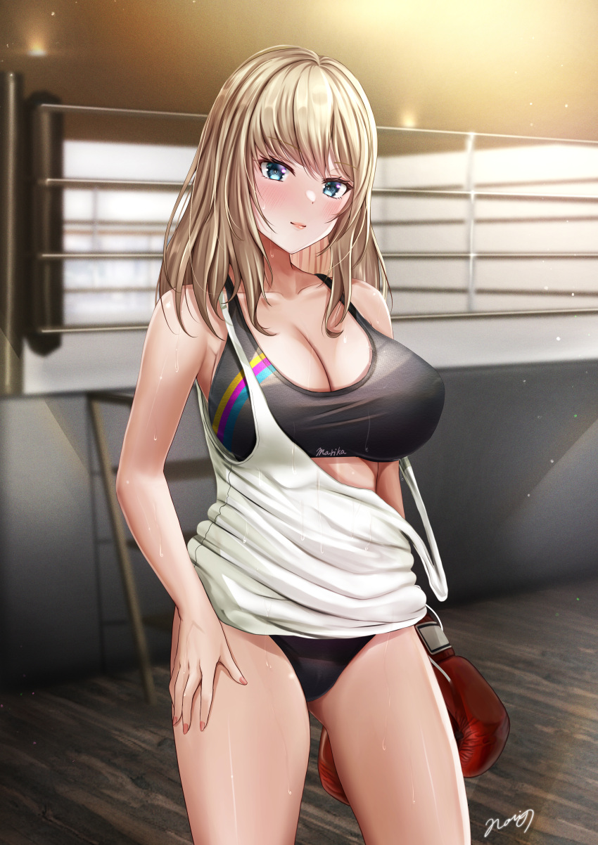 1girl absurdres aqua_eyes ass_visible_through_thighs bangs bare_shoulders black_panties blonde_hair blush boxing_gloves boxing_ring breasts cleavage closed_mouth collarbone cowboy_shot hand_on_own_thigh highres indoors large_breasts light_particles long_hair looking_at_viewer nori_chazuke original panties shirt signature smile solo sports_bra strap_slip sweat tank_top underwear white_shirt