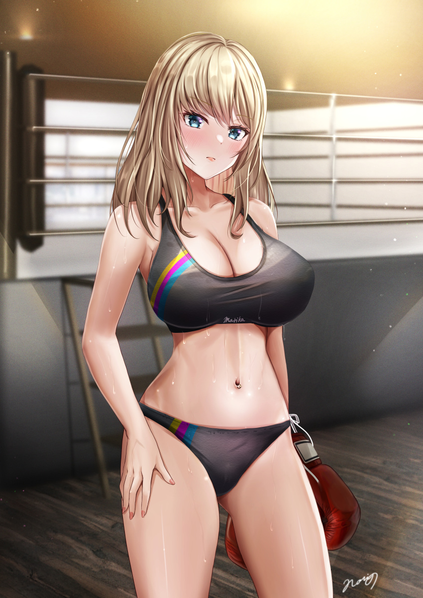 1girl absurdres aqua_eyes bangs bare_shoulders black_panties blonde_hair blush boxing_gloves boxing_ring breasts cleavage closed_mouth collarbone cowboy_shot hand_on_own_thigh highres indoors large_breasts light_particles long_hair looking_at_viewer navel navel_piercing nori_chazuke original panties piercing signature solo sports_bra stomach sweat underwear