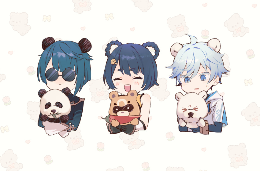 1girl 2boys absurdres animal_ears bare_shoulders bear_ears blue_eyes blue_hair braid chinese_clothes chongyun_(genshin_impact) closed_eyes doll genshin_impact guoba_(genshin_impact) hair_ornament hairclip highres hood long_sleeves multiple_boys open_mouth panda panda_ears short_hair stuffed_animal stuffed_panda stuffed_toy sunglasses teddy_bear timukai xiangling_(genshin_impact) xingqiu_(genshin_impact)