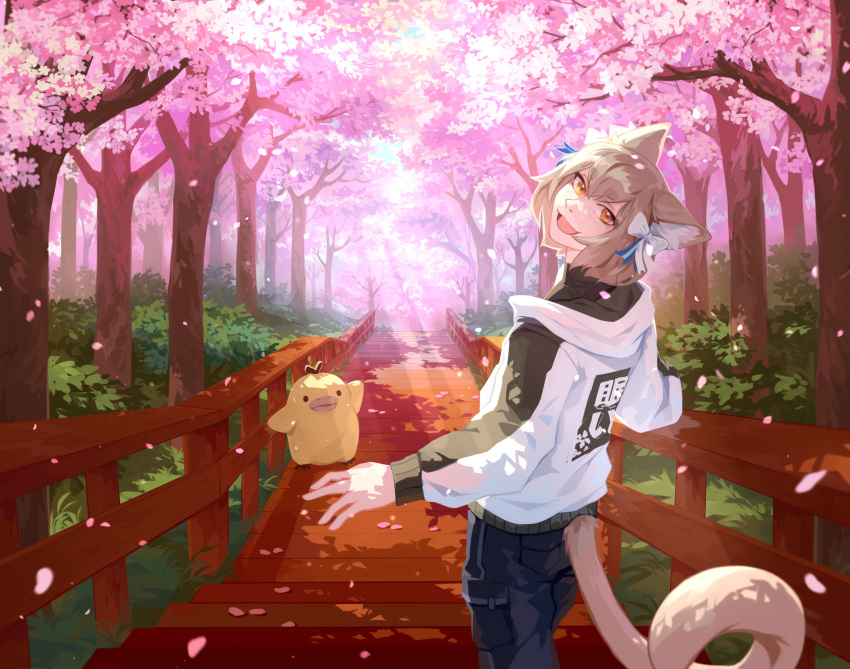 absurd_res accessory ambiguous_gender animal_humanoid black_clothing black_topwear blue_bottomwear blue_clothing blue_pants bottomwear bow_ribbon brown_ears brown_hair cat_humanoid cherry_blossom cherry_blossom_tree cherry_tree clothed clothing corzh77 dot_eyes duo featureless_crotch felid felid_humanoid feline feline_humanoid forest fruit_tree hair hair_accessory hair_bow hair_ribbon hi_res humanoid light light_beam light_body light_skin looking_at_viewer male mammal mammal_humanoid open_mouth open_smile orange_eyes pants plant ribbons shrub smile species_request standing sunbeam sunlight three-quarter_view topwear tree unsigned