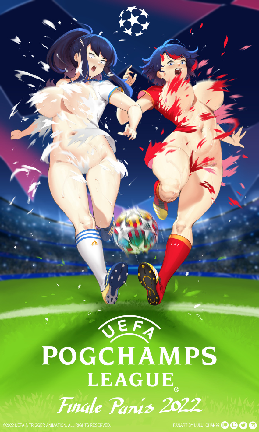 2girls absurdres alternate_breast_size ball blue_eyes breasts cleats constricted_pupils convenient_censoring hair_ornament hairclip highres huge_breasts impossible_clothes impossible_shirt kill_la_kill kiryuuin_satsuki kneehighs liverpool_fc logo_parody long_hair lulu-chan92 matoi_ryuuko motion_blur multiple_girls no_bra no_panties ponytail real_madrid red_shirt red_shorts red_socks running shirt short_hair shorts siblings sidelocks sisters soccer soccer_ball soccer_uniform socks sportswear surprised sweat thick_thighs thighs torn_clothes uefa_champions_league white_shirt white_shorts white_socks