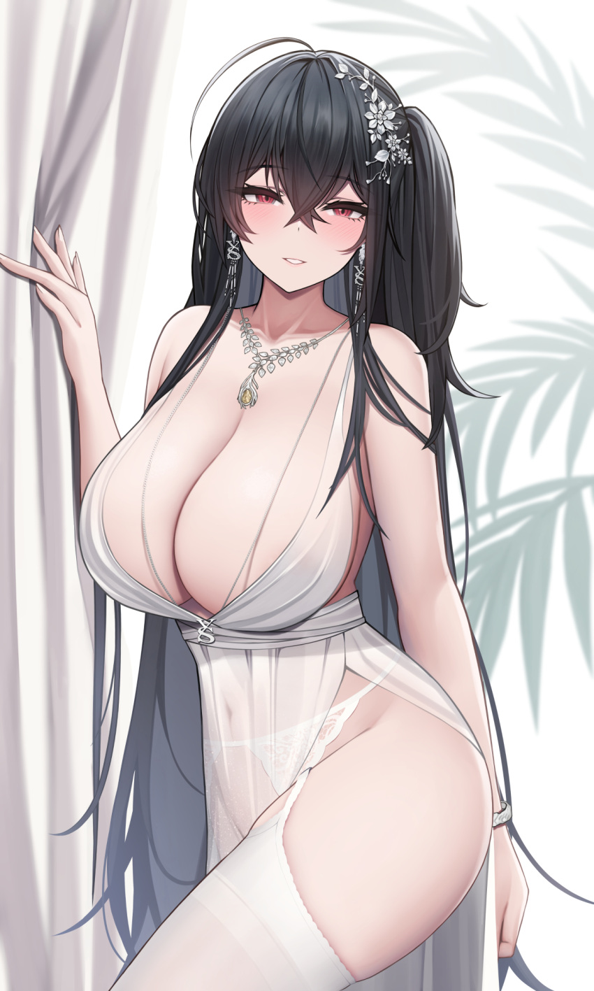 1girl ahoge arm_at_side azur_lane bangle bangs bare_arms bare_shoulders black_hair blush bracelet breasts cleavage commentary covered_navel cowboy_shot crossed_bangs curtains dress earrings flower garter_belt hair_between_eyes hair_flower hair_intakes hair_ornament hand_up highres huge_ahoge jewelry large_breasts long_hair looking_at_viewer necklace no_panties official_alternate_costume one_side_up paid_reward_available parted_lips plant plunging_neckline red_eyes see-through see-through_dress side_slit sidelocks siu_(siu0207) sleeveless sleeveless_dress solo taihou_(azur_lane) taihou_(temptation_on_the_sea_breeze)_(azur_lane) thighhighs thighs very_long_hair wedding_dress white_dress white_flower white_garter_belt white_thighhighs