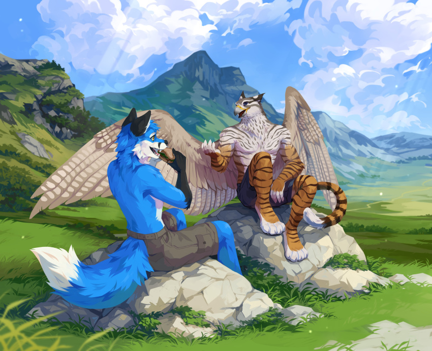 absurd_res anthro avian beak blue_body blue_eyes blue_fur blue_sky bottomwear canid cheek_tuft clothed clothing corzh77 duo facial_tuft fangs feathered_wings feathers felid fluffy fluffy_tail front_view fur grass grey_beak grey_bottomwear grey_clothing grey_pants hi_res hybrid light light_beam male mammal mountain neck_tuft open_mouth outside pantherine pants plant rock shrub sitting sky striped_arms striped_legs sunbeam sunlight tan_body tan_feathers tan_wings three-quarter_view tiger topless tuft unsigned white_body white_fur wings yellow_eyes