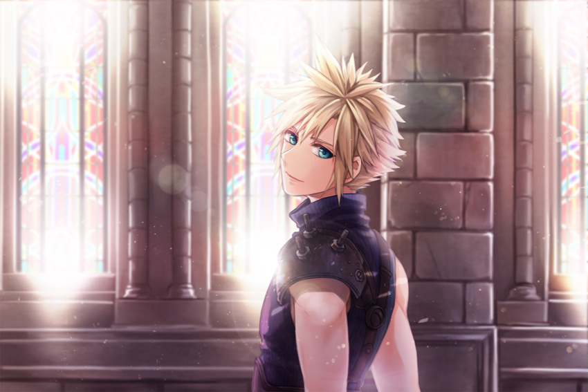 1boy armor blonde_hair blue_eyes brick church cloud_strife final_fantasy final_fantasy_vii final_fantasy_vii_remake hair_between_eyes indoors lens_flare looking_back male_focus short_hair shoulder_armor single_bare_shoulder sleeveless sleeveless_turtleneck solo spiked_hair stained_glass suspenders turtleneck twilightend upper_body