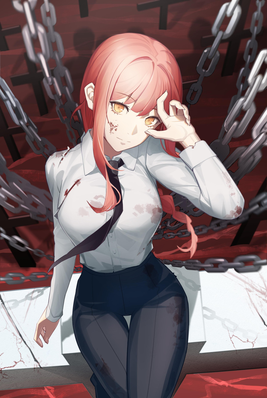 absurdres black_pants blood blood_on_clothes blood_on_face braid braided_ponytail breasts chain chainsaw_man closed_mouth collared_shirt cross from_above graveyard hand_up highres long_sleeves looking_at_viewer makima_(chainsaw_man) medium_breasts pants piao_miao red_hair shirt sitting smile torn_clothes white_shirt