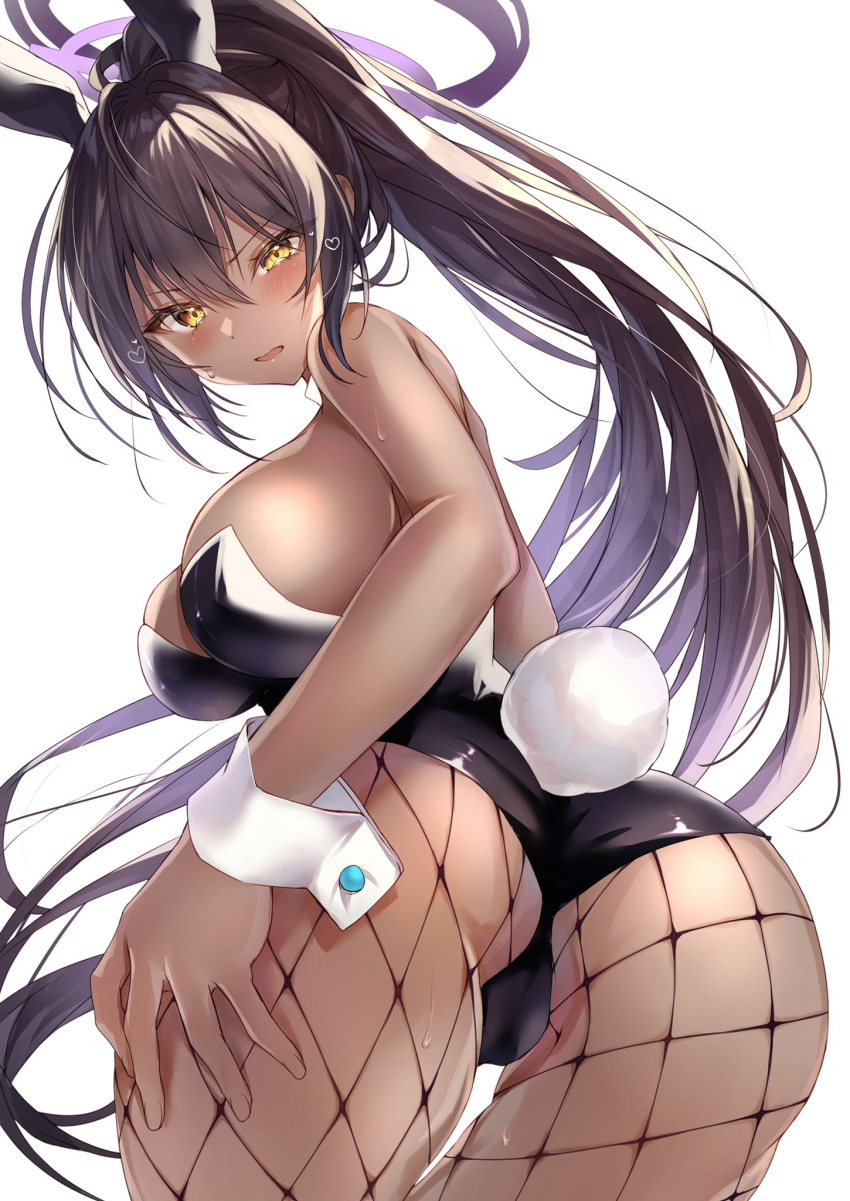 1girl animal_ears ass bangs bare_shoulders black_hair black_leotard blue_archive blush breasts dark-skinned_female dark_skin detached_collar fake_animal_ears fishnet_pantyhose fishnets gloves halo highleg highleg_leotard highres karin_(blue_archive) karin_(bunny)_(blue_archive) large_breasts leotard long_hair looking_at_viewer looking_back nenobi_(nenorium) open_mouth pantyhose playboy_bunny ponytail rabbit_ears rabbit_tail sidelocks simple_background solo tail thighs white_background white_gloves yellow_eyes