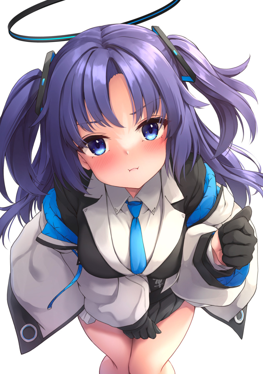 1girl absurdres awa_yume black_gloves blue_archive blue_eyes blue_necktie blush breasts closed_mouth covering covering_crotch embarrassed gloves hair_ornament half_gloves halo highres jacket long_sleeves looking_at_viewer medium_breasts necktie pout purple_hair revision shirt simple_background solo two_side_up white_background white_jacket white_shirt yuuka_(blue_archive)