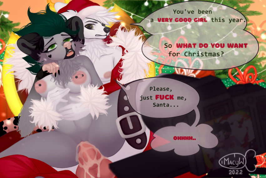 ahegao anthro big_penis bodily_fluids breasts brown_eyes bulge camera camera_view canid canine canis chair christmas christmas_clothing christmas_headwear christmas_lights christmas_tree clothing comic costume cum cum_in_pussy cum_inside cum_while_penetrated dialogue domestic_dog dominant dominant_male duo ejaculation female from_behind_position fucked_silly fur furniture genital_fluids genitals green_eyes green_hair grey_body grey_fur hair hat headgear headwear holidays hyaenid liquid looking_pleasured macyw male male/female mammal new_year nipple_fetish nipple_piercing nipples nude on_chair open_mouth page_number penetration penile penile_penetration penis penis_in_pussy penis_size_difference photo photo_shoot piercing pink_nose plant public public_nudity public_sex public_use santa_costume santa_hat santa_suit sex sitting sitting_on_chair sitting_on_penis tree vaginal vaginal_penetration white_body white_fur wishes wolf