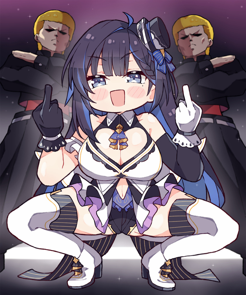 1girl 2boys bangs bare_shoulders black_gloves black_hair blue_eyes blue_hair braid braided_bangs breasts cleavage_cutout clothing_cutout commentary double_middle_finger english_commentary full_body gloves heart_cutout highres huge_breasts kson kukie-nyan large_breasts long_hair looking_at_viewer middle_finger mole mole_under_eye multicolored_hair multiple_boys navel open_mouth solo_focus souchou spread_legs squatting thighhighs virtual_youtuber vshojo vshojo_idol_uniform white_gloves white_thighhighs