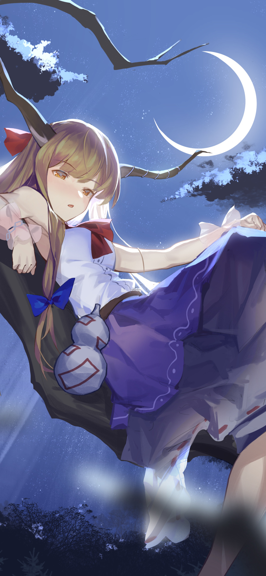 1girl absurdres bangs blonde_hair bow crescent_moon feet_out_of_frame forest gourd highres horns ibuki_suika long_hair moon nature neck_ribbon night open_mouth orange_eyes outdoors purple_skirt red_bow red_ribbon ribbon shirt sitting_on_branch skirt sleeveless sleeveless_shirt solo touhou wb_yimo white_shirt wrist_cuffs