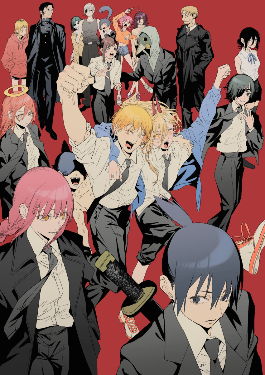 absurdres akane_sawatari_(chainsaw_man) angel_devil_(chainsaw_man) arm_over_shoulder arm_up bangs bare_shoulders beak beam_(chainsaw_man) black_coat black_eyes black_hair black_necktie blonde_hair blue_jacket braid braided_ponytail chainsaw_man cigarette coat collared_shirt cosmo_(chainsaw_man) cross-shaped_pupils denji_(chainsaw_man) excited eyepatch faceless green_eyes hair_between_eyes hair_bun halo hands_in_pockets happy hayakawa_aki higashiyama_kobeni highres himeno_(chainsaw_man) holding holding_cigarette hood hoodie horns jacket katana katana_man_(chainsaw_man) kishibe_(chainsaw_man) long_(chainsaw_man) long_coat long_hair looking_at_another looking_at_viewer looking_to_the_side makima_(chainsaw_man) mask medium_hair messy_hair multiple_boys multiple_girls naga-agan necktie orange_eyes orange_hair pingtsi_(chainsaw_man) pink_hair plague_doctor_mask ponytail power_(chainsaw_man) purple_hair quanxi's_group_(chainsaw_man) quanxi_(chainsaw_man) reaching_out red_background red_hair red_horns red_jacket reze_(chainsaw_man) ribbon sharp_teeth shirt shoes short_hair short_shorts shorts sideburns sidelocks simple_background single_hair_bun single_sidelock sleeveless sleeves_rolled_up smile sneakers standing stitched_face stitches sweat sweater sword teeth tongue tongue_out topknot topless topless_male tsugihagi_(chainsaw_man) violence_devil_(chainsaw_man) weapon white_hair white_shirt worried yellow_eyes