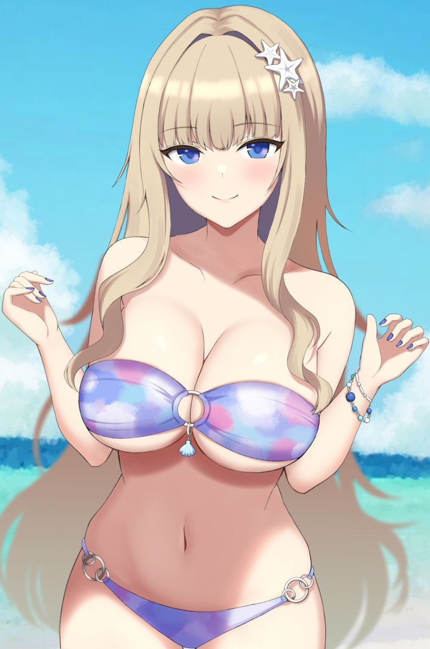 1girl bangs bare_arms bare_shoulders bikini blue_eyes blue_nails blue_sky blush bracelet breasts cleavage closed_mouth cloud collarbone commentary_request cowboy_shot day dolphin_wave hair_intakes hair_ornament hands_up highres jewelry kirahoshi_kanna large_breasts light_brown_hair long_hair looking_at_viewer nail_polish navel o-ring o-ring_bikini o-ring_bottom o-ring_top ocean outdoors purple_bikini sidelocks sky smile solo standing star_(symbol) star_hair_ornament stomach strapless strapless_bikini surippa1010 swimsuit underboob very_long_hair w_arms