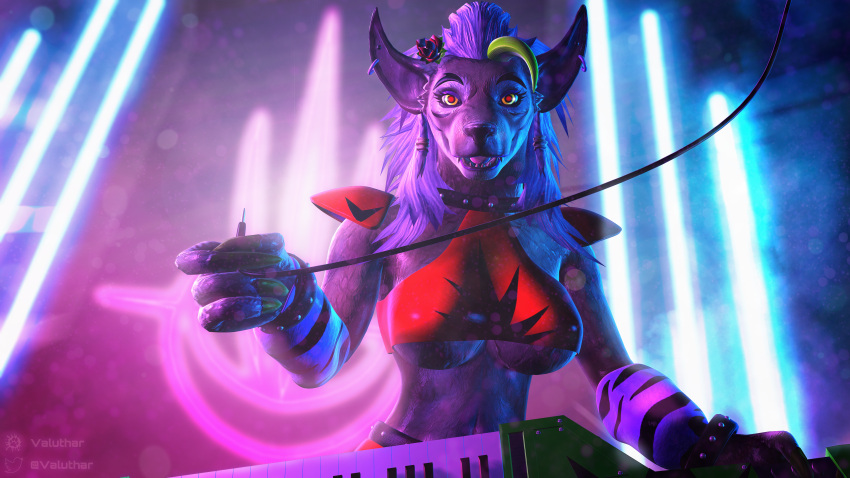 16:9 3d_(artwork) 4k absurd_res armor bangs belly belt big_breasts blizzard_entertainment bracelet breasts bright_colors cable canid claws clothing collar cosplay costume crop_top digital_media_(artwork) ear_piercing ear_ring english_text eyelashes eyeshadow fangs female five_nights_at_freddy's five_nights_at_freddy's:_security_breach glowing glowing_eyes green_claws green_hair hair halloween hi_res holding_object holidays jewelry keyboard_instrument keytar light logo long_claws long_eyelashes makeup mammal musical_instrument navel neon_lights open_mouth pauldron piercing purple_eyeshadow red_eyes ring_piercing roxanne_wolf_(fnaf) scottgames shirt shy_worgen_lady solo studded text topwear under_boob valuthar video_games warcraft warmers watermark were werecanid white_hair wide_eyed widescreen worgen