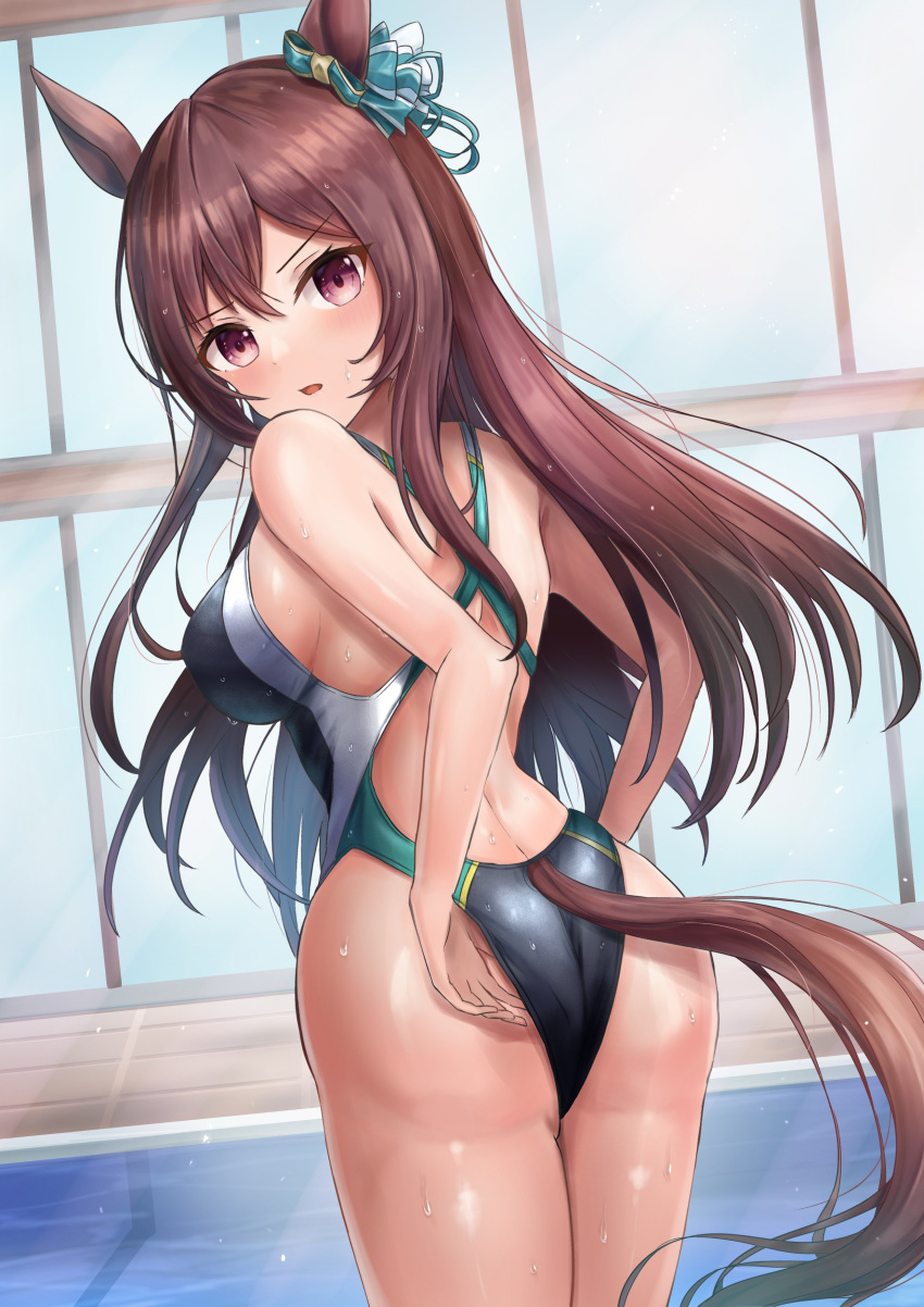 1girl absurdres animal_ears ass black_one-piece_swimsuit brown_hair competition_swimsuit cowboy_shot from_behind highleg highleg_swimsuit highres horse_ears horse_girl horse_tail long_hair looking_at_viewer looking_back mejiro_dober_(umamusume) one-piece_swimsuit purple_eyes solo swimsuit tail umamusume waity_awa