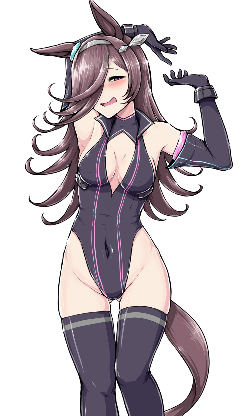 1girl animal_ears arm_behind_head armpits arms_up ass_visible_through_thighs bangs black_gloves black_hair black_sleeves black_thighhighs blush breasts cleavage commentary_request commission cosplay covered_navel deno_(denomina0) detached_sleeves ear_ornament garter_straps gloves grey_hairband grey_leotard hair_over_one_eye hairband half-closed_eyes head_tilt highleg highleg_leotard highres horse_ears horse_girl horse_tail horseshoe_ornament leotard long_bangs looking_at_viewer medium_hair mihono_bourbon_(umamusume) mihono_bourbon_(umamusume)_(cosplay) necktie open_mouth partial_commentary pink_necktie purple_eyes rice_shower_(umamusume) simple_background single_horizontal_stripe skeb_commission skirt sleeveless smile solo standing tail tail_ornament thighhighs umamusume white_background