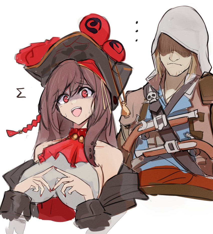 1girl antique_firearm assassin's_creed_(series) assassin's_creed_iv:_black_flag azur_lane blunderbuss breasts edward_kenway gun hat highres jacket long_sleeves non-web_source open_clothes open_jacket pirate pirate_hat red_eyes royal_fortune_(azur_lane) scared sweat tentacle_hair weapon