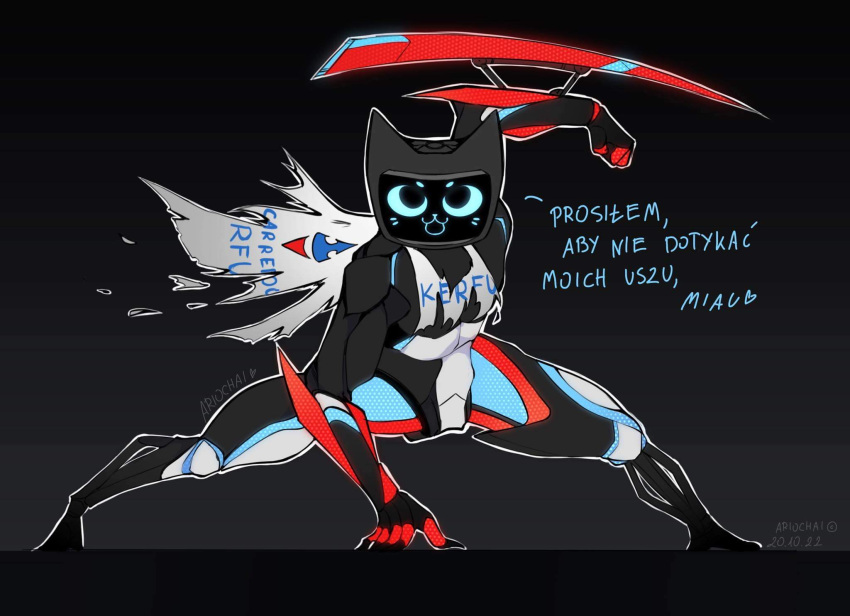 2022 anthro ariochai bellabot black_body blue_body cape carrefour clothing dialogue domestic_cat felid feline felis fighting_pose front_view hi_res kerfus logo looking_at_viewer male mammal melee_weapon open_mouth polish_text pose pudu_robotics red_body screen screen_face signature solo spread_legs spreading text torn_clothing translated weapon white_body