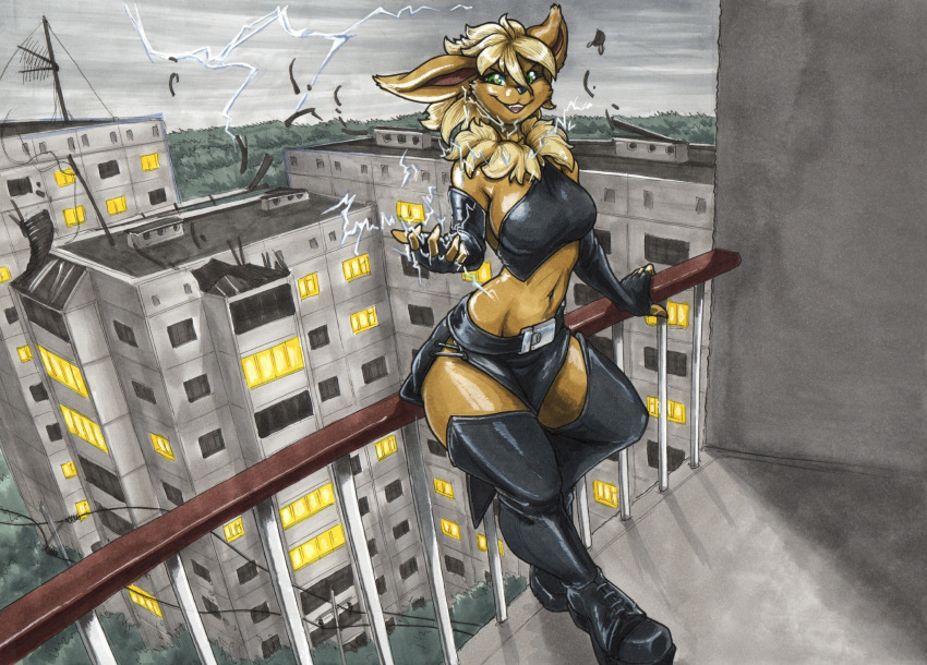 2020 5_fingers anthro balcony biped blonde_hair boots clothed clothing eeveelution ewgengster_(artist) female fingers footwear fur generation_1_pokemon green_eyes hair hi_res jolteon latex_armwarmers latex_boots latex_clothing latex_stockings lightning navel nintendo pokemon pokemon_(species) rubber rubber_boots solo storm traditional_media_(artwork) video_games yellow_body yellow_fur