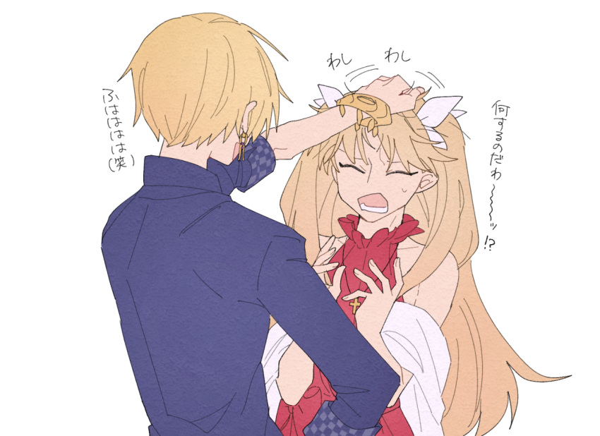 1boy 1girl alternate_costume bare_shoulders blonde_hair blue_shirt closed_eyes cross cross_necklace dress earrings ereshkigal_(bitter_sweet)_(fate) ereshkigal_(fate) fate/grand_order fate_(series) gilgamesh_(caster)_(fate) gilgamesh_(establishment)_(fate) gilgamesh_(fate) hair_ribbon hinata_(eine_blume) jewelry long_hair necklace official_alternate_costume open_mouth red_dress ribbon ruffling_hair shawl shirt sweatdrop white_ribbon white_shawl