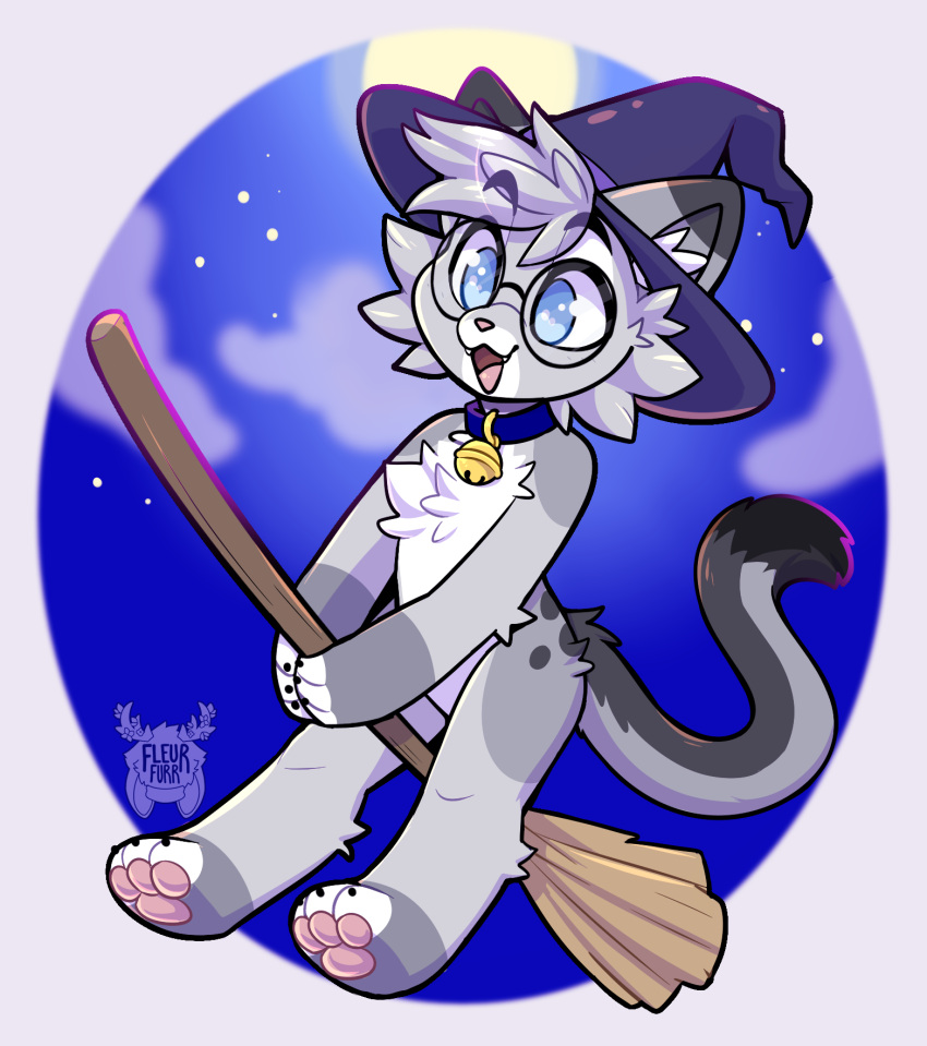 anthro bell bell_collar blue_collar blue_eyes bottomless bottomless_male broom broom_riding chibi claws cleaning_tool clothed clothing cloud collar digital_media_(artwork) dipstick_ears dipstick_fingers dipstick_tail dipstick_toes domestic_cat egyptian_mau eyewear fangs felid feline felis fleurfurr fur glasses gold_bell grey_body hair halloween happy hat hat_only headgear headgear_only headwear headwear_only hi_res holidays light magic_user male mammal markings moon moonlight mostly_nude mostly_nude_male multicolored_ears multicolored_tail night_sky nixuelle open_mouth pawpads paws sky smile solo spots spotted_markings star tail_markings tongue topless topless_male witch witch_hat