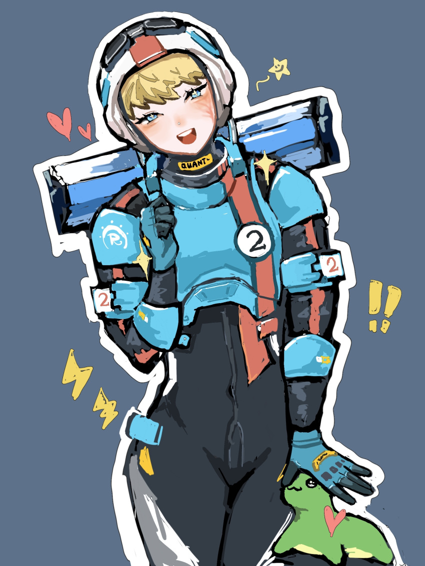 ! !! 1girl absurdres apex_legends armor bai_lan_mei_yitian bangs black_bodysuit blonde_hair blue_eyes blue_gloves blush bodysuit breastplate chinese_commentary clenched_hand covered_navel gloves grey_background head_tilt heart highres lightning_bolt_symbol looking_at_viewer nessie_(respawn) official_alternate_costume open_hand scar scar_on_cheek scar_on_face smile star_(symbol) straight-on wattson_(apex_legends) white_helmet wired_for_speed_wattson