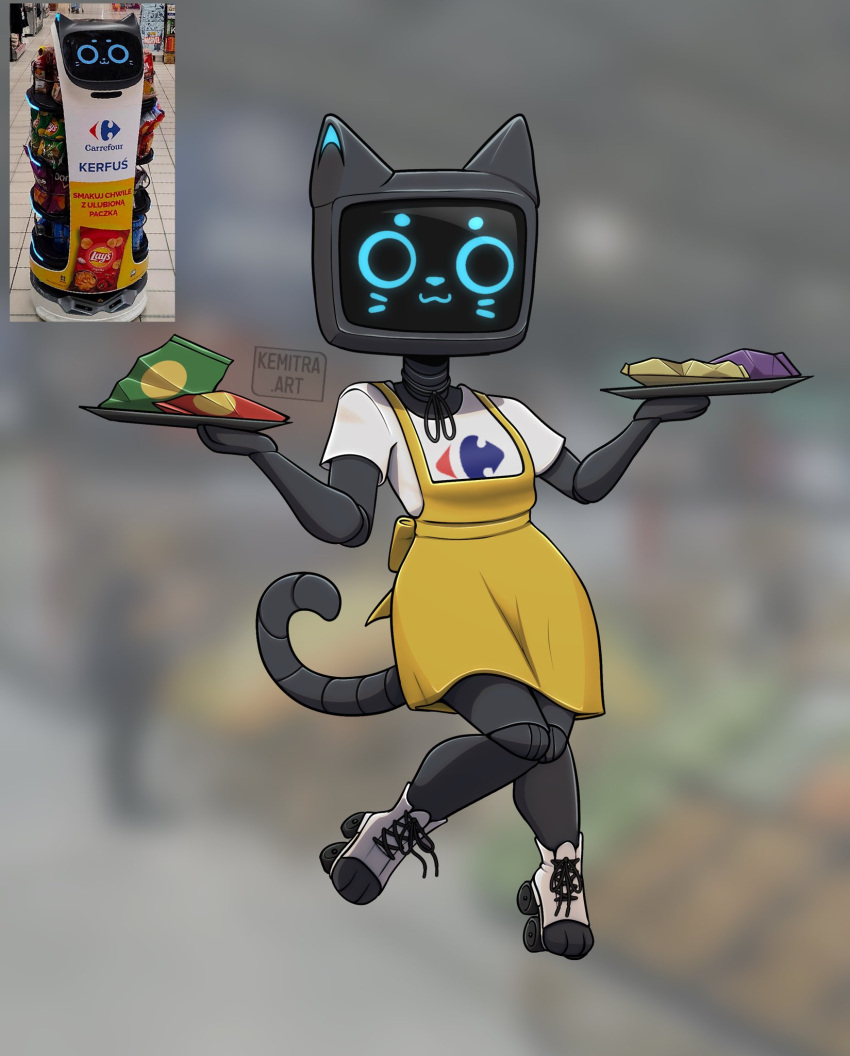 2022 :3 ambiguous_gender anthro apron bellabot blurred_background carrefour chips_(food) clothing domestic_cat felid feline felis food footwear grey_body hi_res inline_skates kemitra kerfus logo mammal photo_background plate pudu_robotics roller_skates screen screen_face shirt shoes signature solo topwear white_body