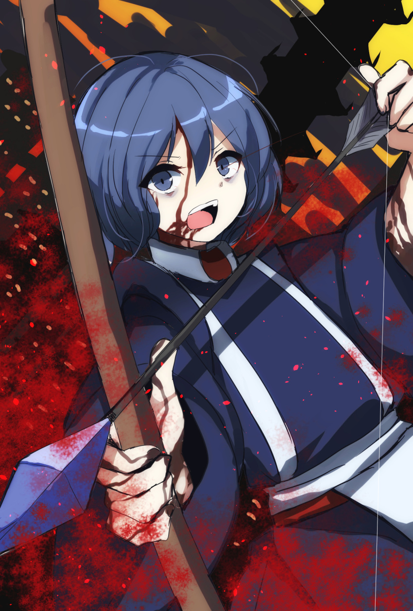 1other androgynous blood blood_on_face blue_eyes blue_hair bow_(weapon) commentary_request highres holding holding_bow_(weapon) holding_weapon japanese_clothes kashiwagi_kaoru len'en long_sleeves no_headwear open_mouth ougi_hina short_hair shouting solo v-shaped_eyebrows weapon