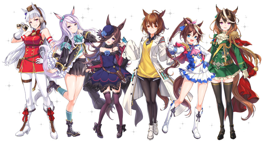 6+girls :d agnes_tachyon_(umamusume) animal_ears animal_on_hand bangs bare_shoulders black_footwear black_hair black_jacket black_pantyhose black_skirt black_thighhighs blue_bow blue_dress blue_eyes blue_socks blush boots bow breasts brown_hair brown_headwear bug butterfly closed_mouth collarbone commentary_request dress ear_bow ear_covers ear_ribbon epaulettes eyewear_removed frilled_jacket frilled_skirt frills gloves gold_ship_(umamusume) green_jacket green_ribbon green_skirt grey_hair grin hair_between_eyes hair_over_one_eye hair_ribbon hand_on_hip hand_up hat highres holding holding_eyewear horse_ears horse_girl horse_tail jacket juna knee_boots labcoat long_sleeves looking_at_viewer medium_breasts mejiro_mcqueen_(umamusume) mini_hat multicolored_hair multiple_girls off-shoulder_dress off_shoulder open_clothes outstretched_arm pantyhose pink_ribbon pleated_skirt ponytail purple_eyes purple_hair purple_thighhighs red_dress red_eyes ribbon rice_shower_(umamusume) shoes simple_background single_epaulette skirt sleeveless sleeveless_dress sleeves_past_fingers sleeves_past_wrists small_breasts smile socks standing standing_on_one_leg streaked_hair sunglasses sweater_vest swept_bangs symboli_rudolf_(umamusume) tail thighhighs tokai_teio_(umamusume) two-tone_hair umamusume v vial white_background white_footwear white_gloves white_hair white_pantyhose