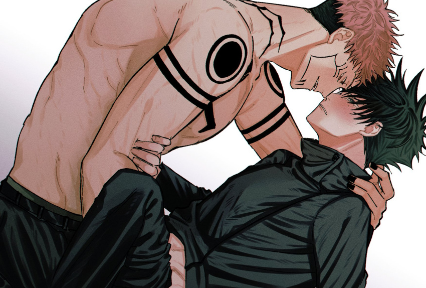 2boys arm_grab bangs black_hair black_nails black_pants blush buttons chest_tattoo commentary_request crying evil_smile extra_eyes eyelashes face-to-face facial_tattoo fushiguro_megumi fushirun_rung green_eyes hand_on_another's_neck high_collar highres jacket jujutsu_kaisen korean_commentary long_sleeves looking_at_another male_focus multiple_boys muscular muscular_male pants pink_hair red_eyes ryoumen_sukuna_(jujutsu_kaisen) short_hair shoulder_tattoo smile spiked_hair tattoo topless_male undercut yaoi