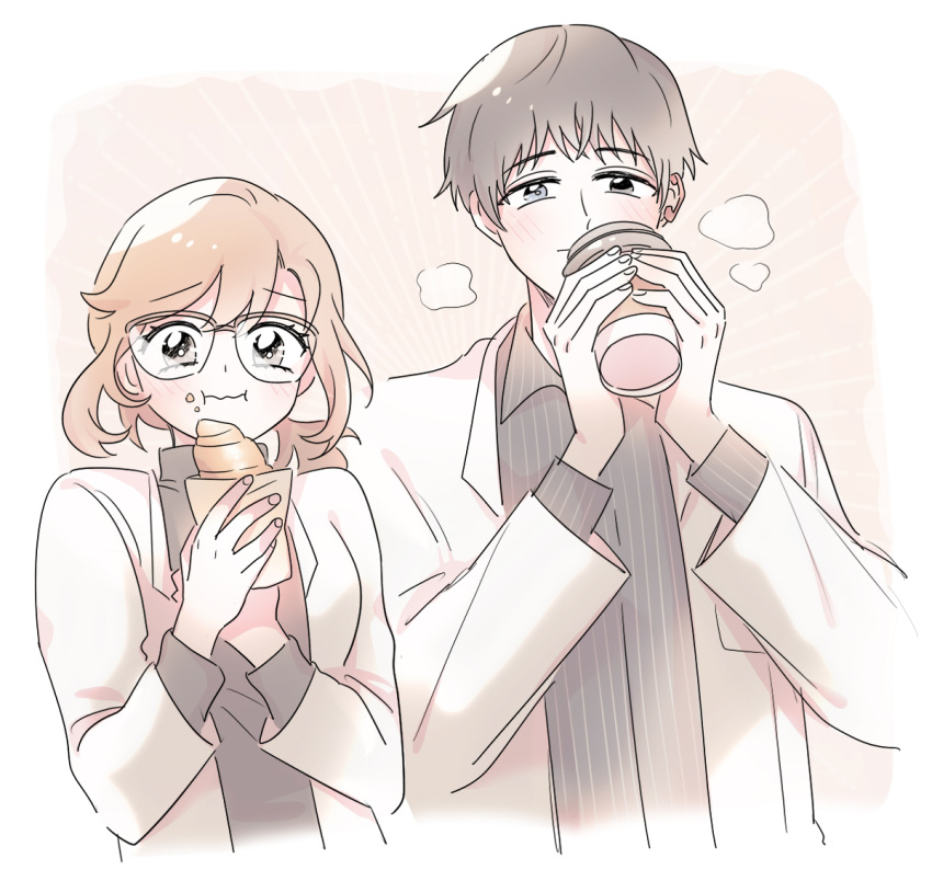1boy 1girl bangs blush breasts brown_hair character_request closed_mouth coffee_cup commentary croissant cup disposable_cup eating eoduun_badaui_deungbul-i_doeeo food glasses grey_eyes grey_hair grey_shirt holding holding_cup holding_food jacket long_hair long_sleeves looking_at_viewer rql2020 shirt short_hair simple_background striped striped_shirt symbol-only_commentary upper_body vertical-striped_shirt vertical_stripes white_background white_jacket
