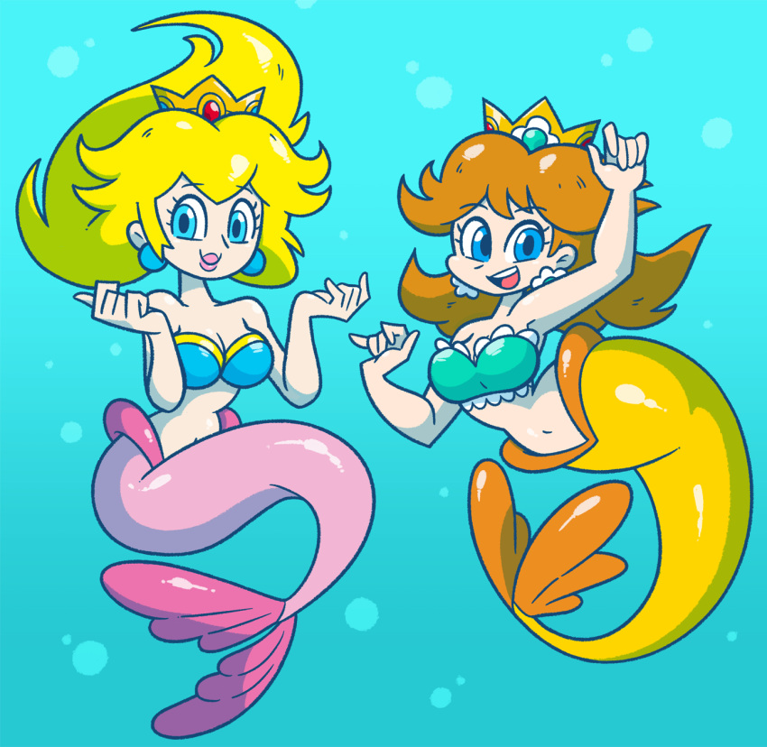 2girls blonde_hair blue_eyes brown_hair crown earrings highres jewelry lipstick makeup mario_(series) mermaid monster_girl multiple_girls pink_lips princess_daisy princess_peach shenanimation underwater